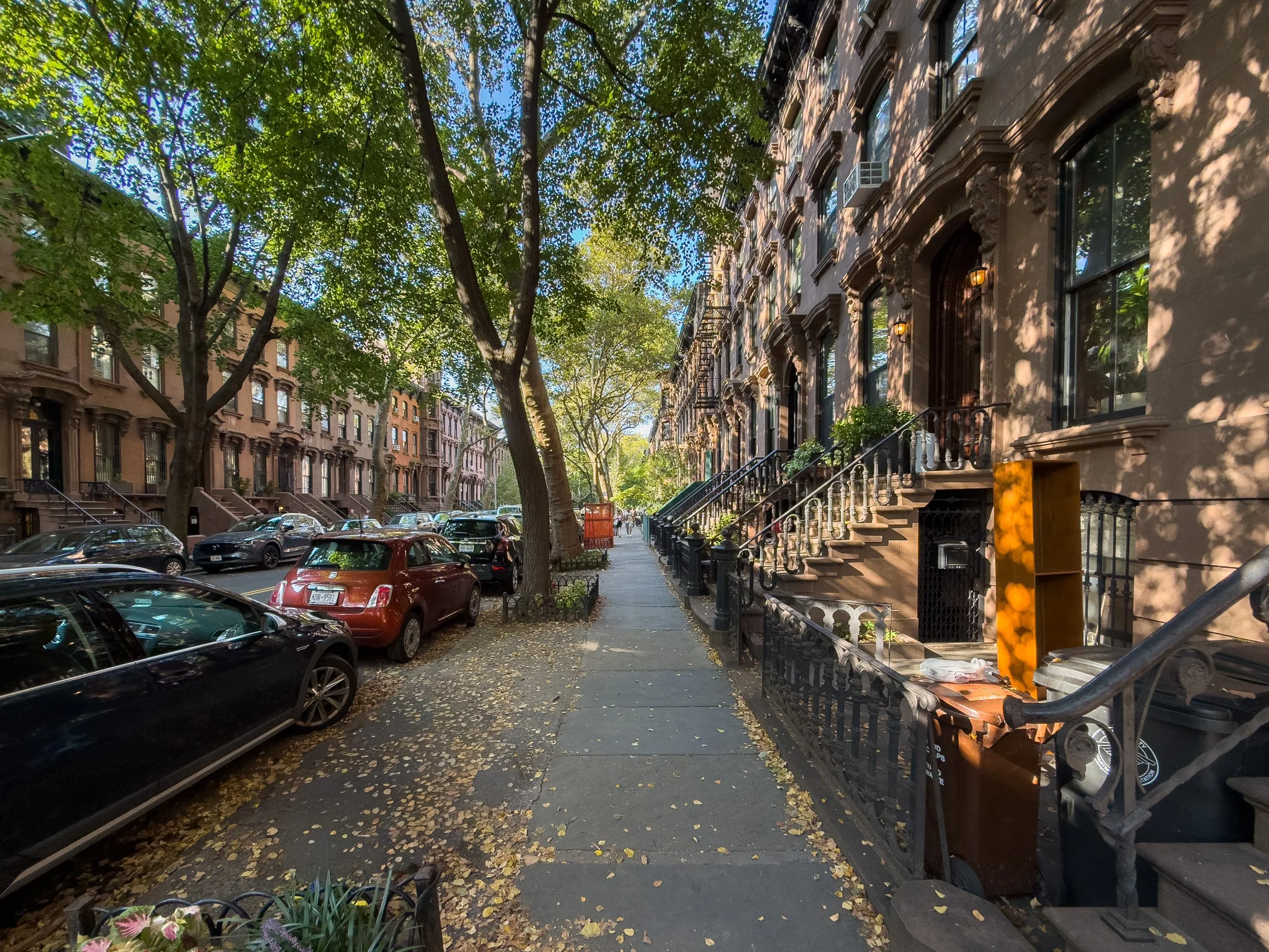 Row of restored Brooklyn brownstones with brick facades and stoops